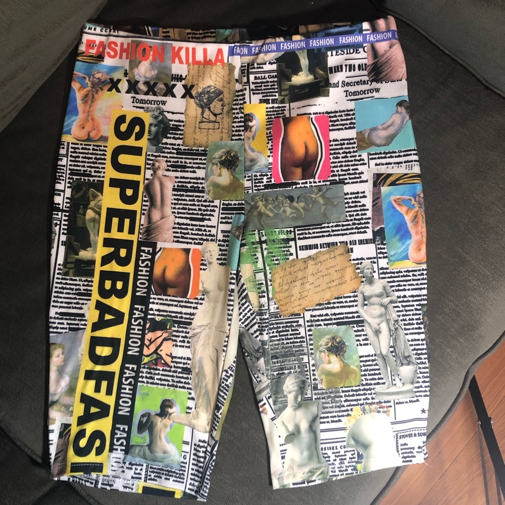 Graphic Newspaper Print Biker Shorts